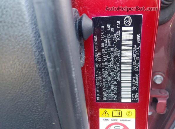 58ABZ1B14KU004837 2019 LEXUS ES Red Vista del compartimento del motor