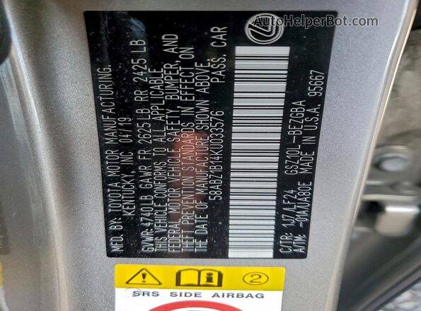 58ABZ1B14KU033576 2019 LEXUS ES Серебряный 