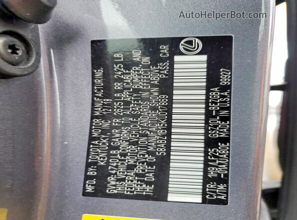 58ABZ1B15KU017869 2019 LEXUS ES Gray 