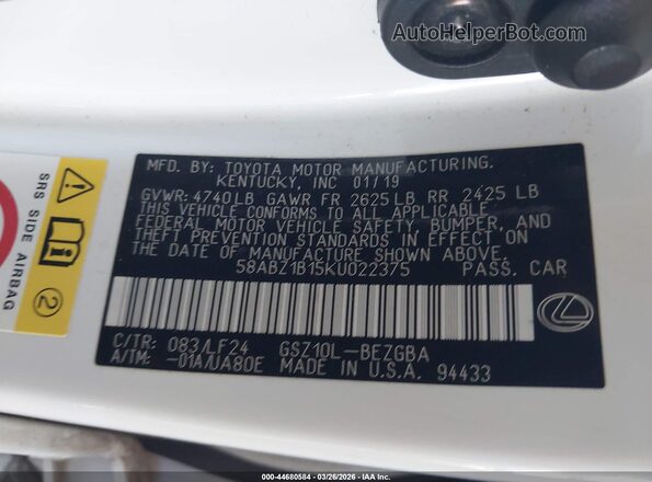 58ABZ1B15KU022375 2019 LEXUS ES 350 White Vista del compartimento del motor