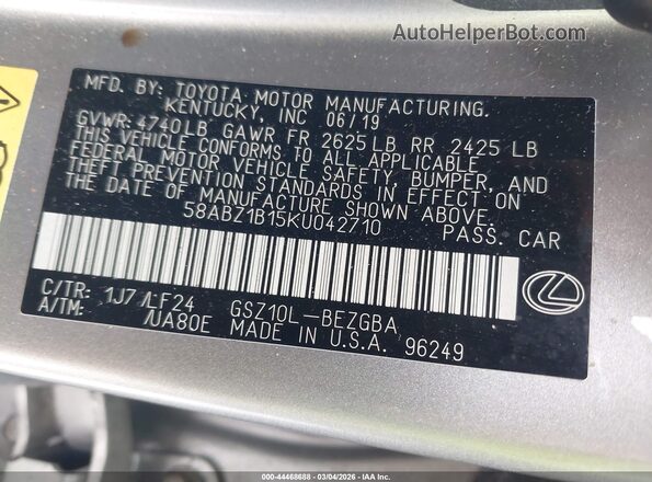 58ABZ1B15KU042710 2019 LEXUS ES 350 Серебряный Вид подкапотного пространства