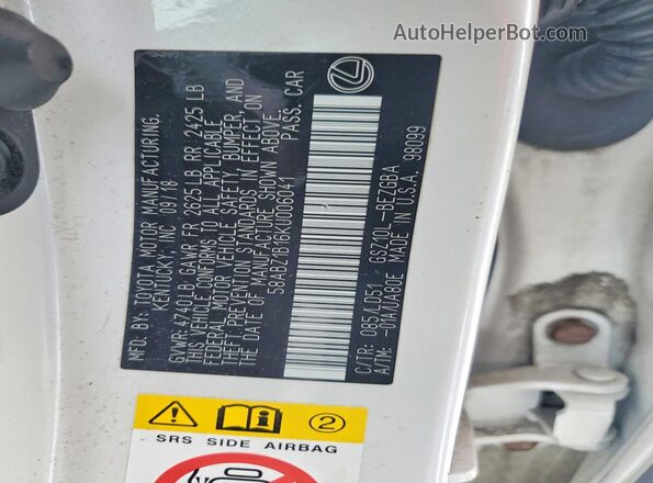 58ABZ1B16KU006041 2019 LEXUS ES White Vista de la etiqueta del VIN
