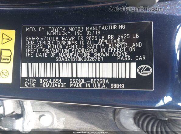 58ABZ1B18KU026761 2019 LEXUS ES 350 Blue ძრავის განყოფილების ხედი