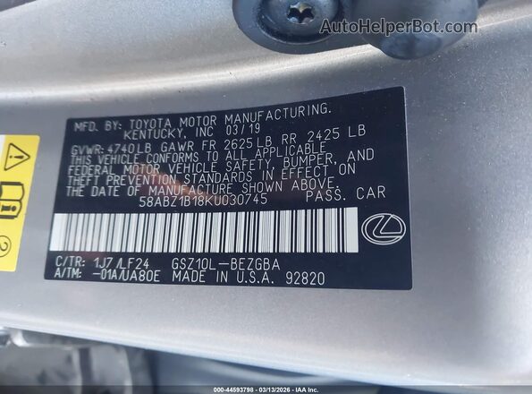 58ABZ1B18KU030745 2019 LEXUS ES 350 Gray 