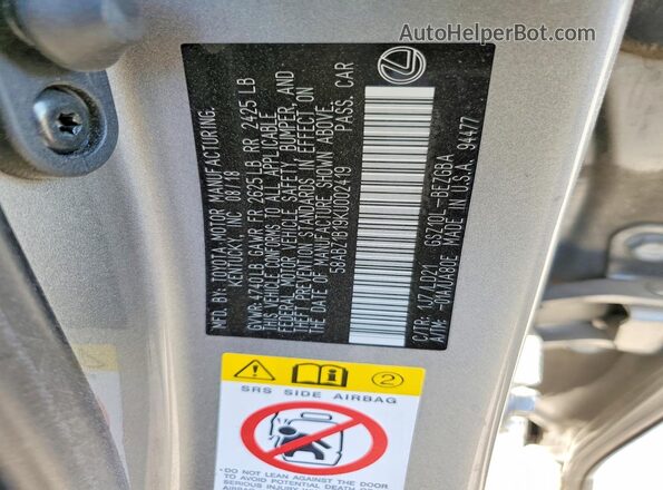 58ABZ1B19KU002419 2019 LEXUS ES Silver 