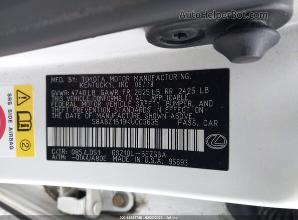 58ABZ1B19KU003635 2019 LEXUS ES 350 White Вид підкапотного простору