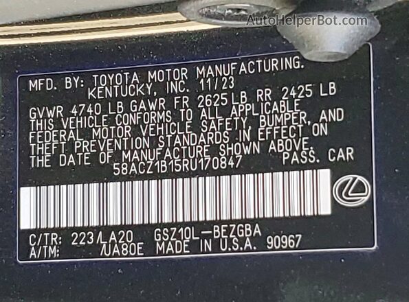 58ACZ1B15RU170847 2024 LEXUS ES Charcoal VIN sticker view