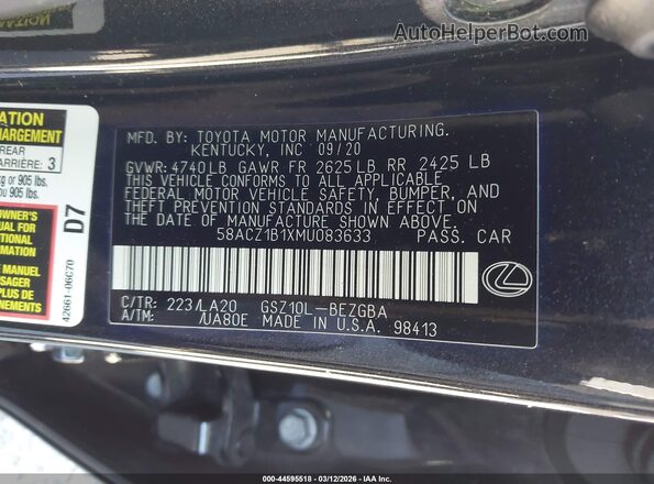 58ACZ1B1XMU083633 2021 LEXUS ES 350 Black Widok komory silnika
