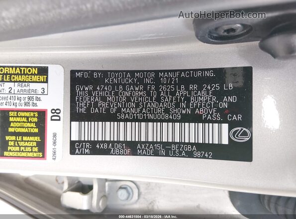 58AD11D11NU008409 2022 LEXUS ES 250 Beige 
