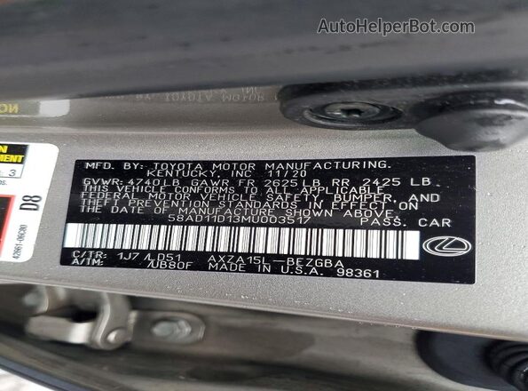 58AD11D13MU003517 2021 LEXUS ES Silver ძრავის განყოფილების ხედი