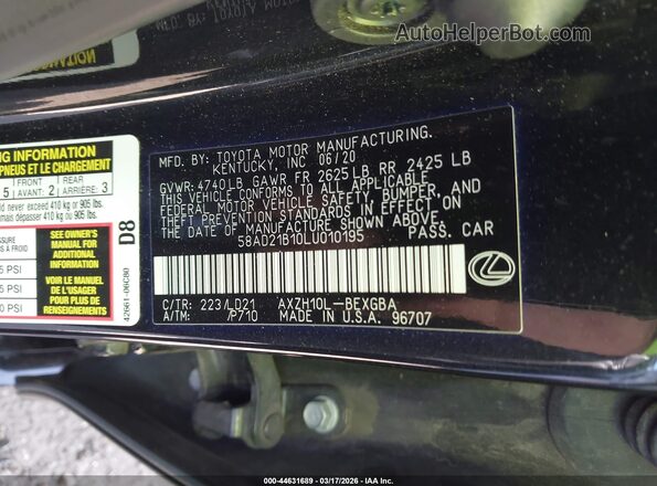 58AD21B10LU010195 2020 LEXUS ES 300H Black Engine compartment view