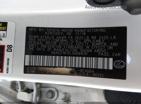 58AD21B12LU006830 2020 LEXUS ES 300H White ძრავის განყოფილების ხედი