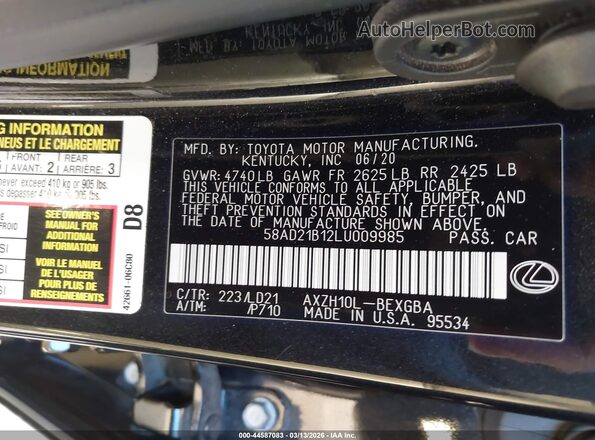 58AD21B12LU009985 2020 LEXUS ES 300H Black Շարժիչի բաժամունքի տեսք