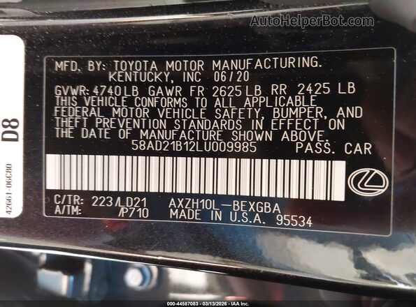 58AD21B12LU009985 2020 LEXUS ES 300H Black 