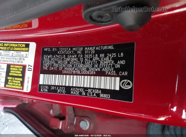 58AD21B19LU008364 2020 LEXUS ES 300H Red ძრავის განყოფილების ხედი