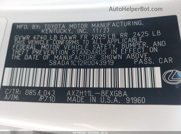 58ADA1C12RU043919 2024 LEXUS ES 300H White ძრავის განყოფილების ხედი