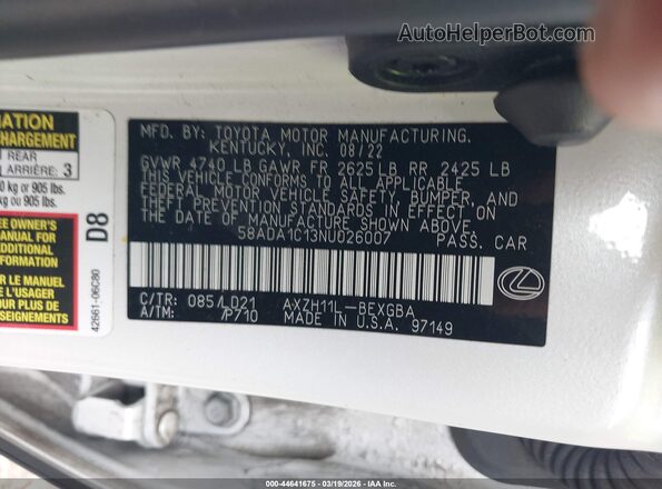 58ADA1C13NU026007 2022 LEXUS ES 300H White Vista del compartimento del motor