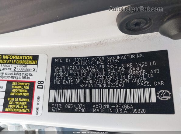 58ADA1C16NU023540 2022 LEXUS ES 300H White Շարժիչի բաժամունքի տեսք