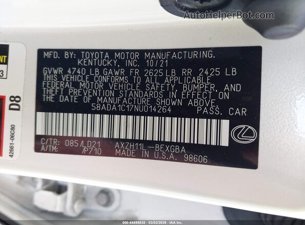 58ADA1C17NU014264 2022 LEXUS ES 300H White Engine compartment view