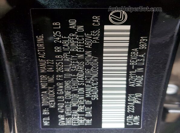58ADA1C17NU020047 2022 LEXUS ES Black Vista del compartimento del motor