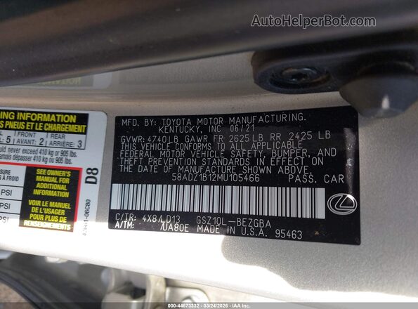 58ADZ1B12MU105466 2021 LEXUS ES 350 Tan ძრავის განყოფილების ხედი