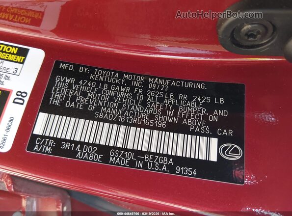 58ADZ1B13RU165196 2024 LEXUS ES 350 Beige Engine compartment view