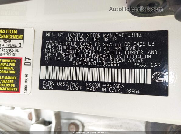 58ADZ1B14LU053885 2020 LEXUS ES 350 White Вид підкапотного простору
