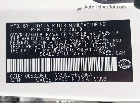 58ADZ1B14LU055653 2020 LEXUS ES 350 White Vista del compartimento del motor