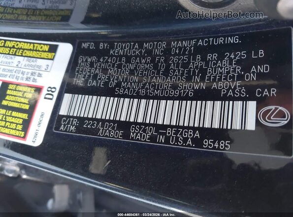 58ADZ1B15MU099176 2021 LEXUS ES 350 Черный Вид подкапотного пространства