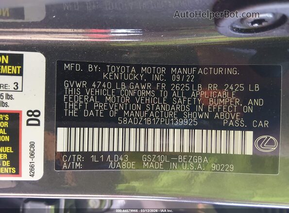 58ADZ1B17PU139925 2023 LEXUS ES 350 Gray Вид підкапотного простору