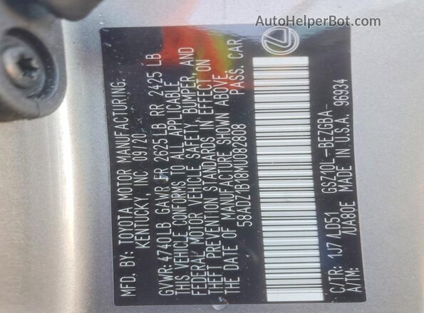 58ADZ1B18MU082808 2021 LEXUS ES Gray Widok naklejki z numerem VIN