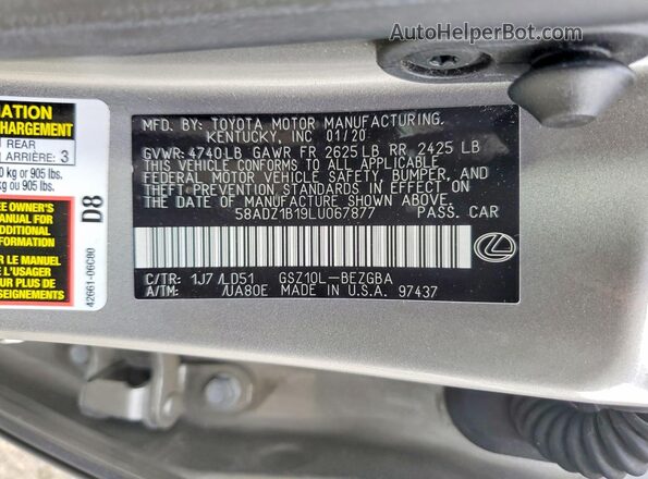 58ADZ1B19LU067877 2020 LEXUS ES Gray ძრავის განყოფილების ხედი