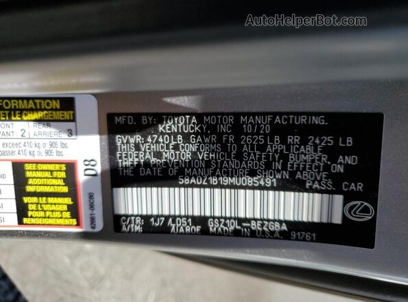 58ADZ1B19MU085491 2021 LEXUS ES Gray VIN կոդի պիտակի տեսք