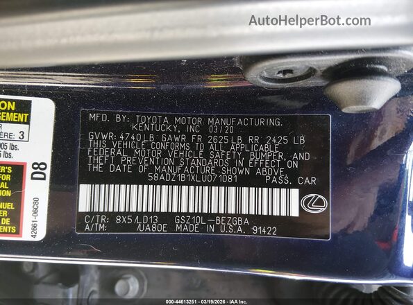 58ADZ1B1XLU071081 2020 LEXUS ES 350 Blue Engine compartment view