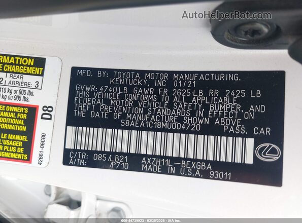 58AEA1C18MU004720 2021 LEXUS ES 300H White Вид підкапотного простору