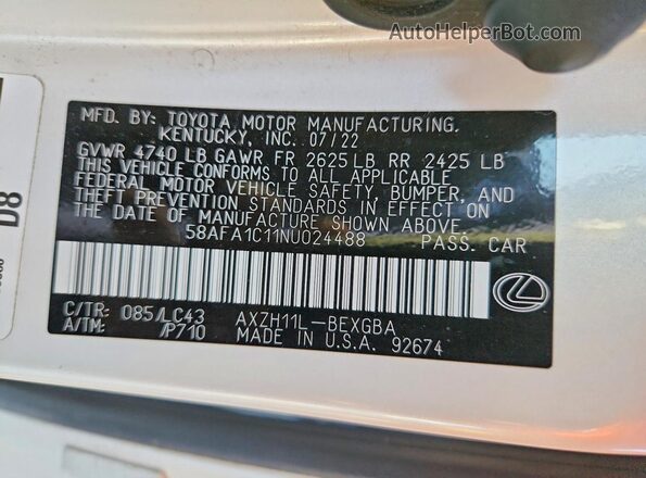 58AFA1C11NU024488 2022 LEXUS ES White Widok naklejki z numerem VIN