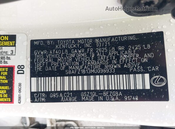 58AFZ1B13MU096933 2021 LEXUS ES 350 White Engine compartment view
