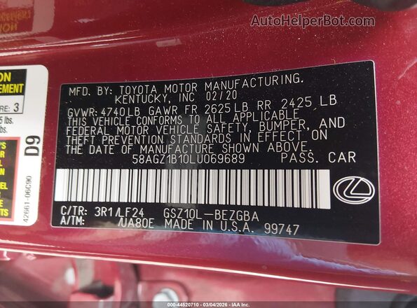 58AGZ1B10LU069689 2020 LEXUS ES 350 Red Շարժիչի բաժամունքի տեսք