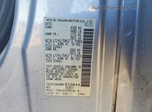 5BZAF0AA0MN850844 2021 NISSAN NV Silver Vista del compartimento del motor