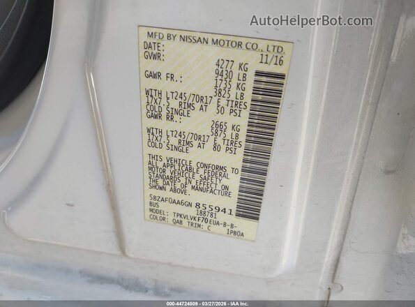 5BZAF0AA6GN855941 2016 NISSAN NV PASSENGER NV3500 HD White Вид підкапотного простору