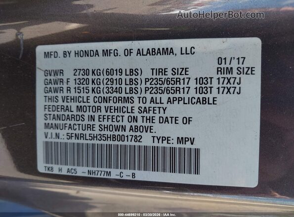 5FNRL5H35HB001782 2017 HONDA ODYSSEY Gray Engine compartment view