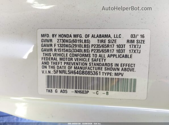 5FNRL5H64GB085361 2016 HONDA ODYSSEY White Widok komory silnika