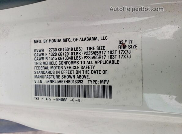 5FNRL5H67HB013393 2017 HONDA ODYSSEY White Widok naklejki z numerem VIN