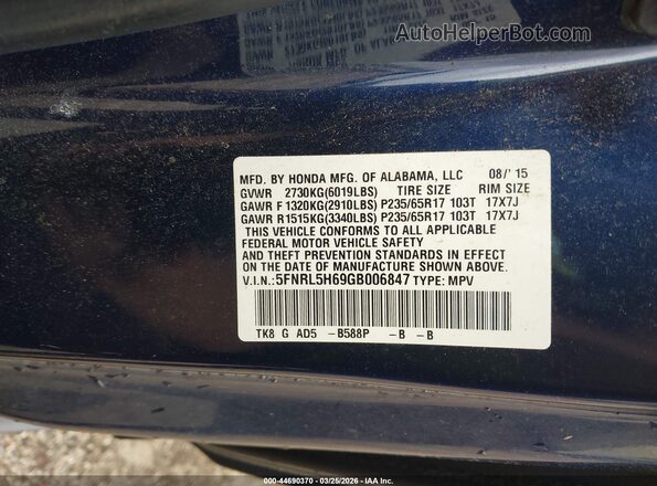 5FNRL5H69GB006847 2016 HONDA ODYSSEY Blue Widok komory silnika