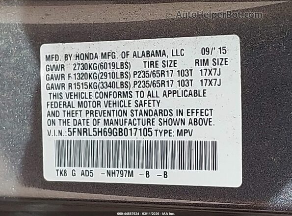 5FNRL5H69GB017105 2016 HONDA ODYSSEY Gray 