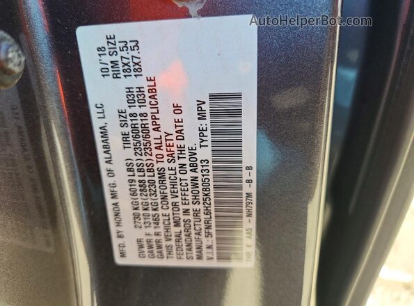 5FNRL6H25KB051313 2019 HONDA ODYSSEY Charcoal 