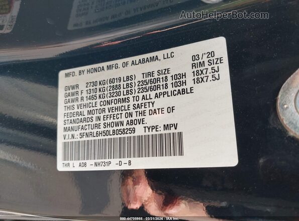 5FNRL6H50LB058259 2020 HONDA ODYSSEY Black Շարժիչի բաժամունքի տեսք
