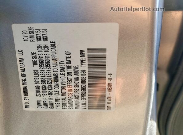5FNRL6H50MB021696 2021 HONDA ODYSSEY Silver Vista de la etiqueta del VIN