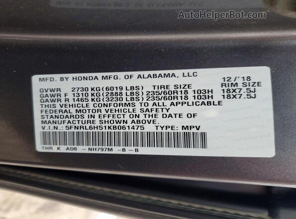 5FNRL6H51KB061475 2019 HONDA ODYSSEY Угольный 