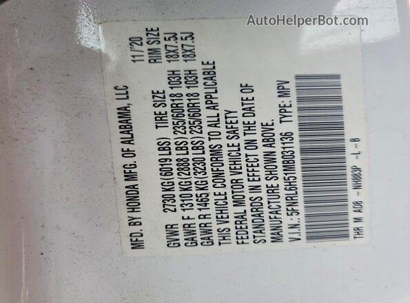 5FNRL6H51MB031136 2021 HONDA ODYSSEY White 